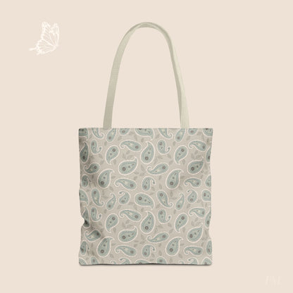 Paisley Folklore Sage Mist Day Tote Bag with hand drawn artwork - Flourish Moon Studio