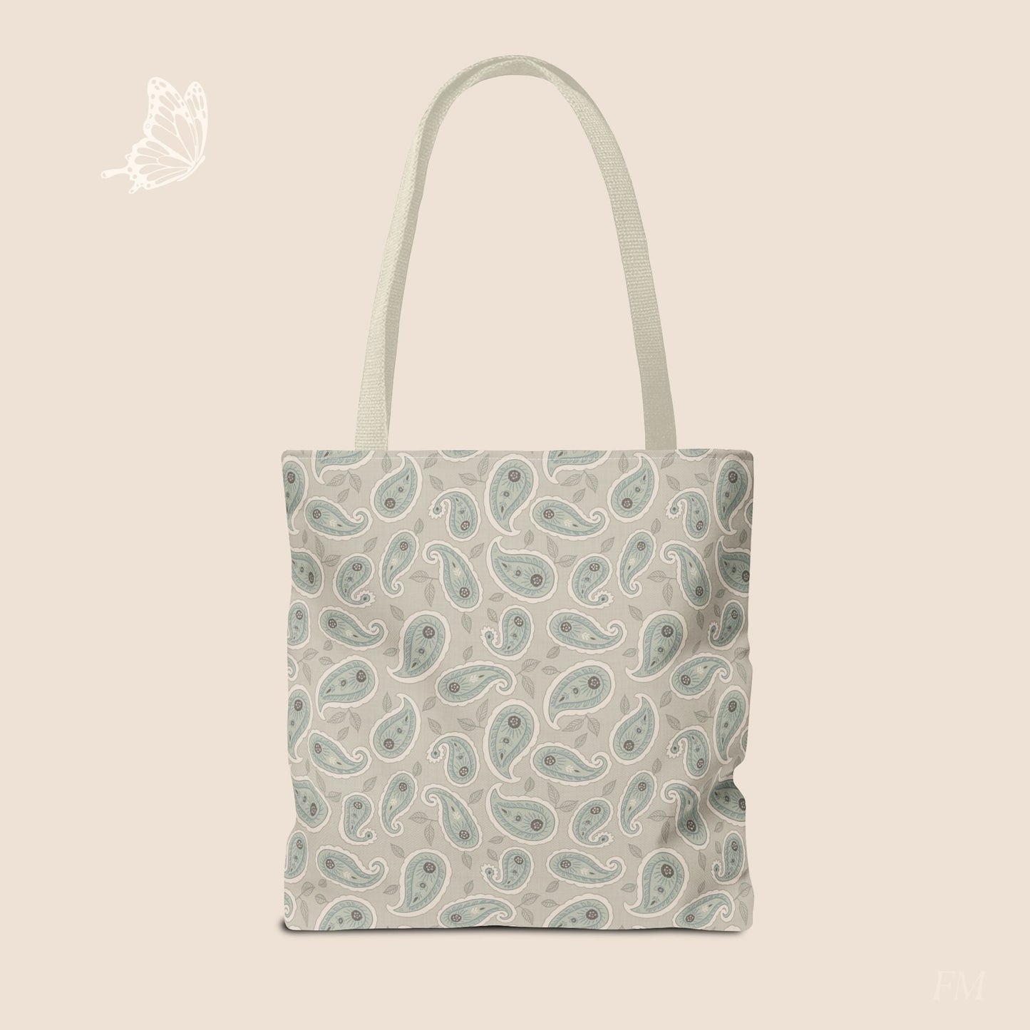 Paisley Folklore Sage Mist Day Tote Bag with hand drawn artwork - Flourish Moon Studio