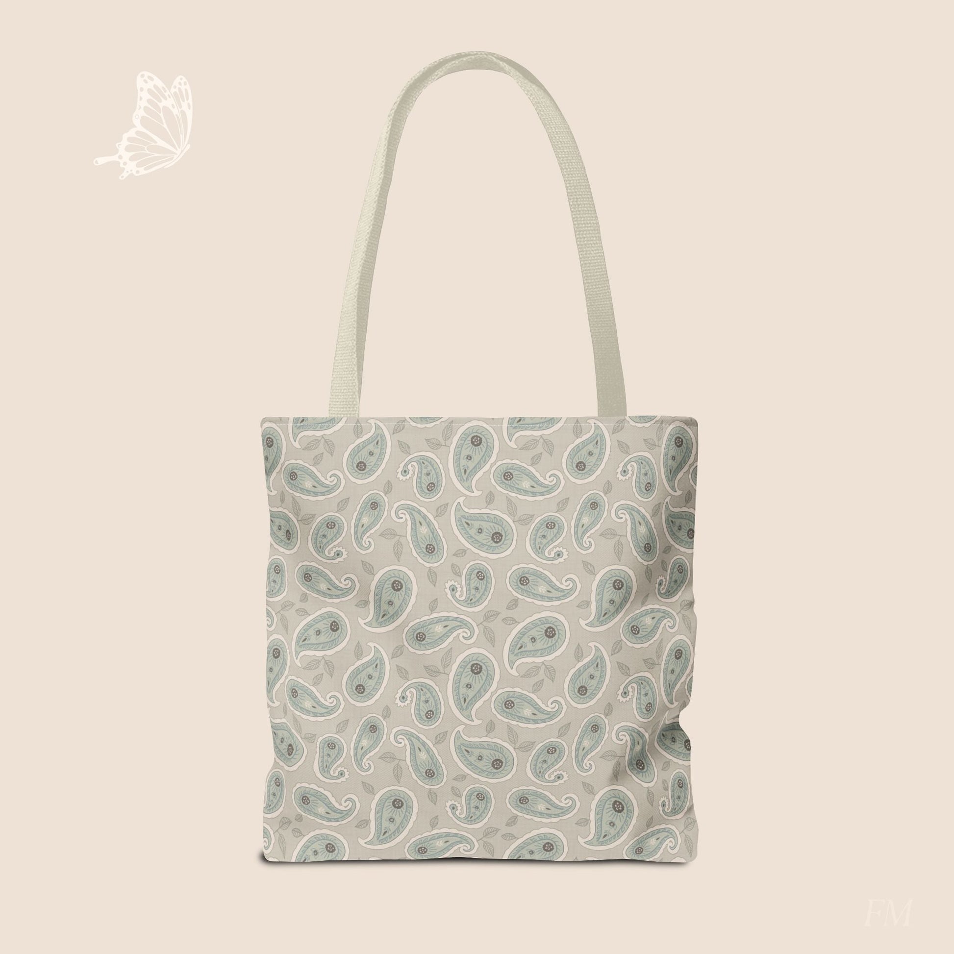 Paisley Folklore Sage Mist Day Tote Bag with hand drawn artwork - Flourish Moon Studio
