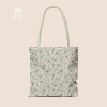 Paisley Folklore Sage Mist Day Tote Bag with hand drawn artwork - Flourish Moon Studio
