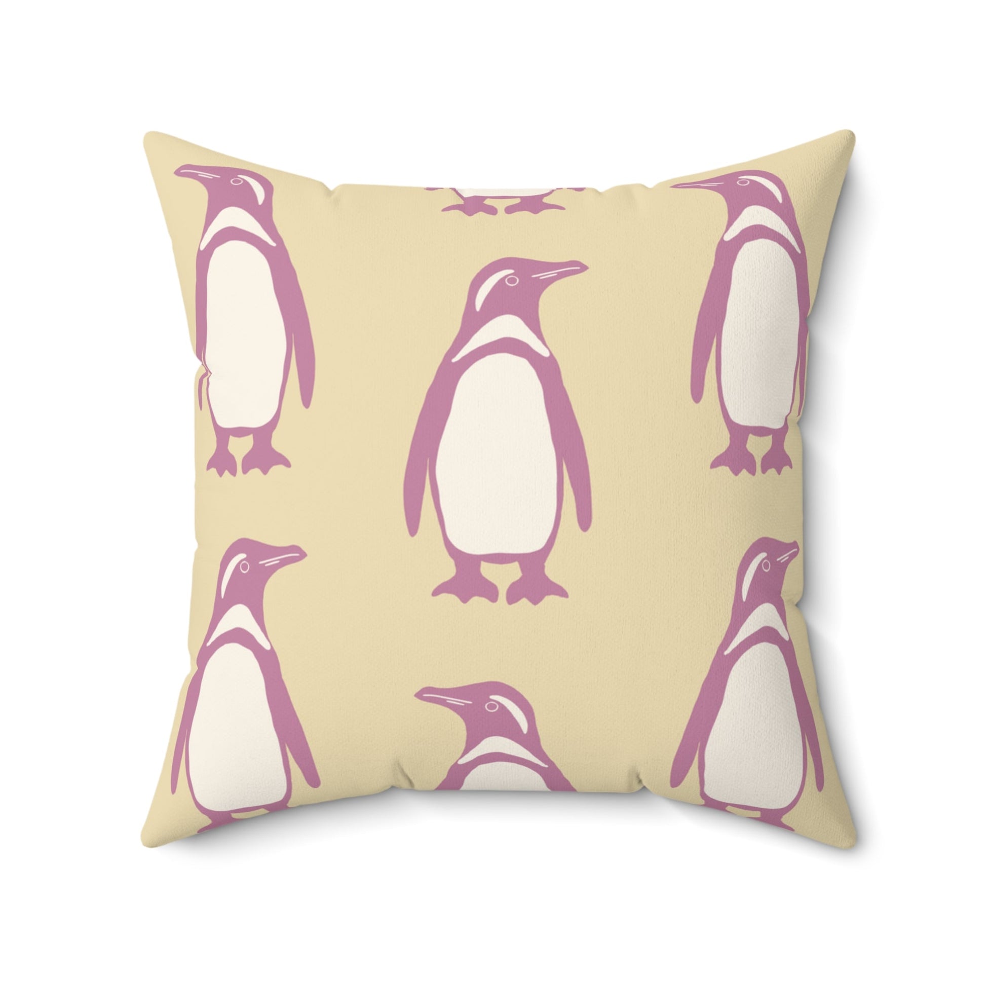 Penguin Bubblegum & Butter Faux Suede Pillow with hand - drawn artwork - Flourish Moon Studio