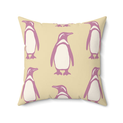 Penguin Bubblegum & Butter Faux Suede Pillow with hand - drawn artwork - Flourish Moon Studio