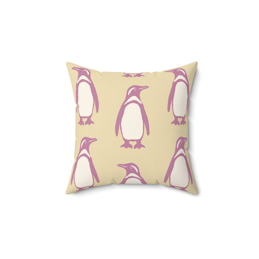 Penguin Bubblegum & Butter Faux Suede Pillow with hand - drawn artwork - Flourish Moon Studio