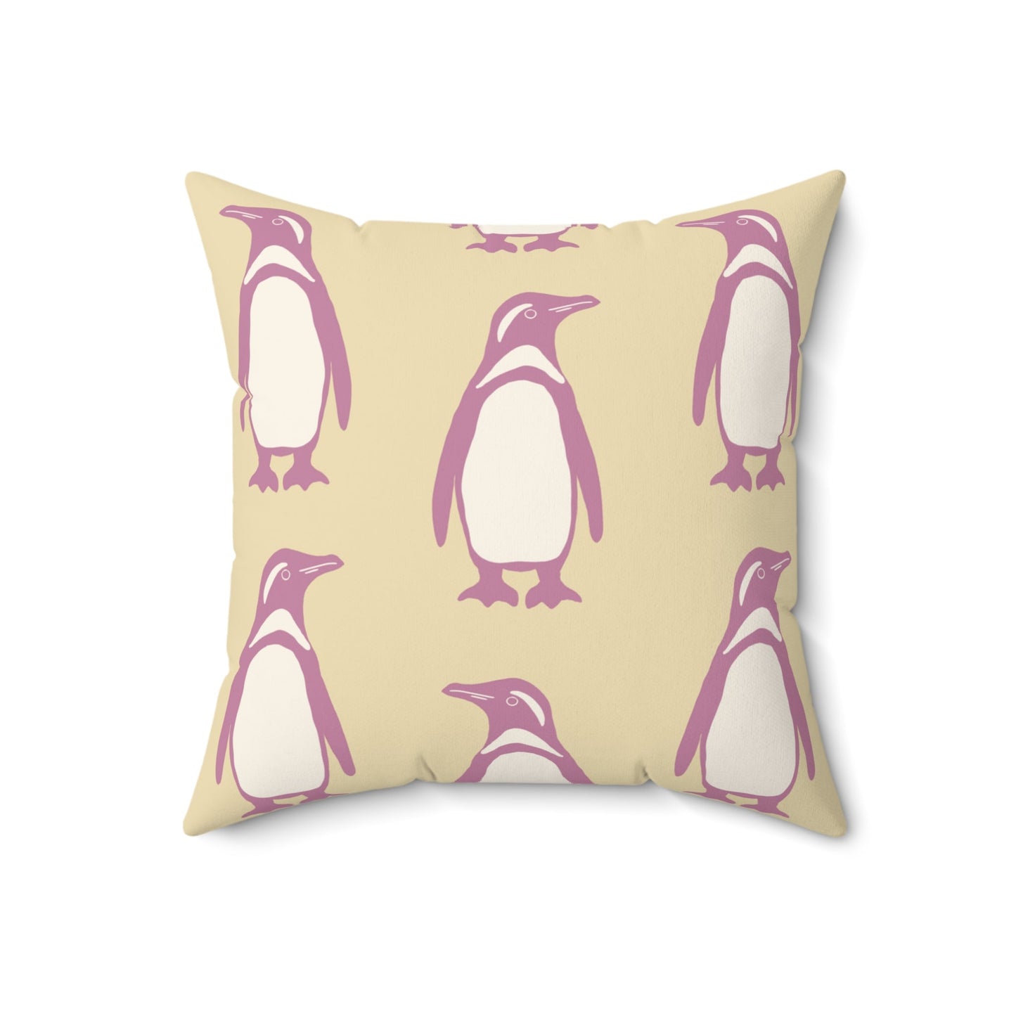 Penguin Bubblegum & Butter Faux Suede Pillow with hand - drawn artwork - Flourish Moon Studio