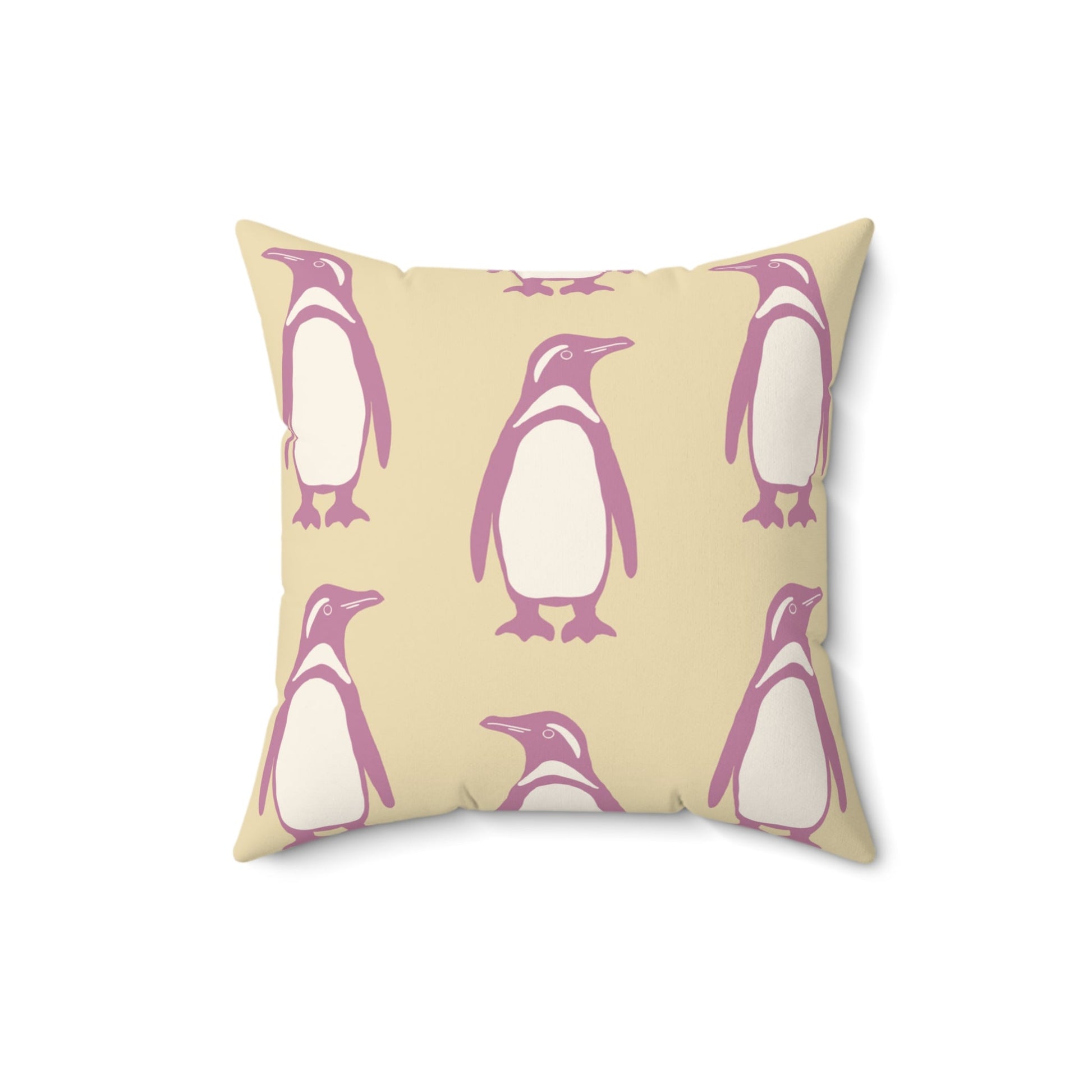 Penguin Bubblegum & Butter Faux Suede Pillow with hand - drawn artwork - Flourish Moon Studio