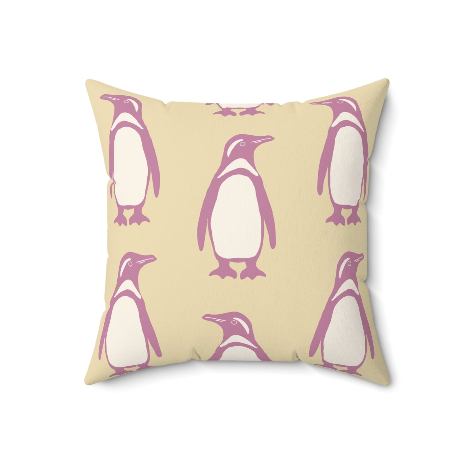 Penguin Bubblegum & Butter Faux Suede Pillow with hand - drawn artwork - Flourish Moon Studio