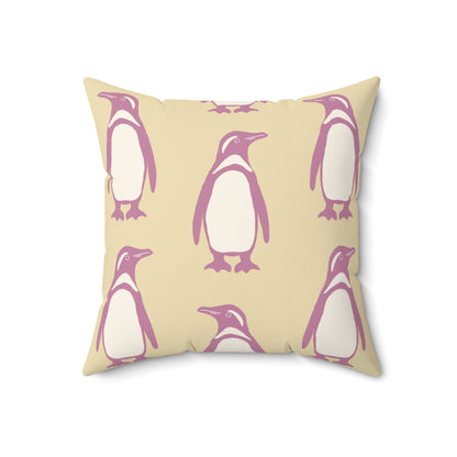 Penguin Bubblegum & Butter Faux Suede Pillow with hand - drawn artwork - Flourish Moon Studio