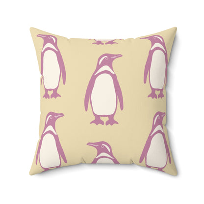 Penguin Bubblegum & Butter Faux Suede Pillow with hand - drawn artwork - Flourish Moon Studio