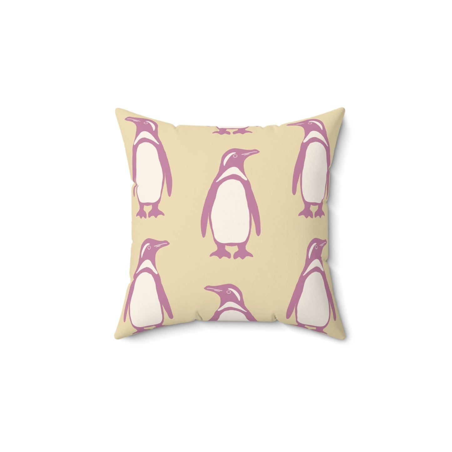 Penguin Bubblegum & Butter Faux Suede Pillow with hand - drawn artwork - Flourish Moon Studio