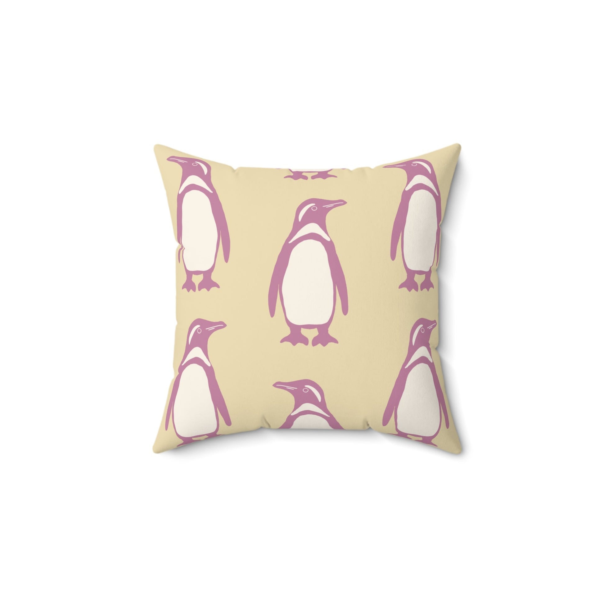 Penguin Bubblegum & Butter Faux Suede Pillow with hand - drawn artwork - Flourish Moon Studio