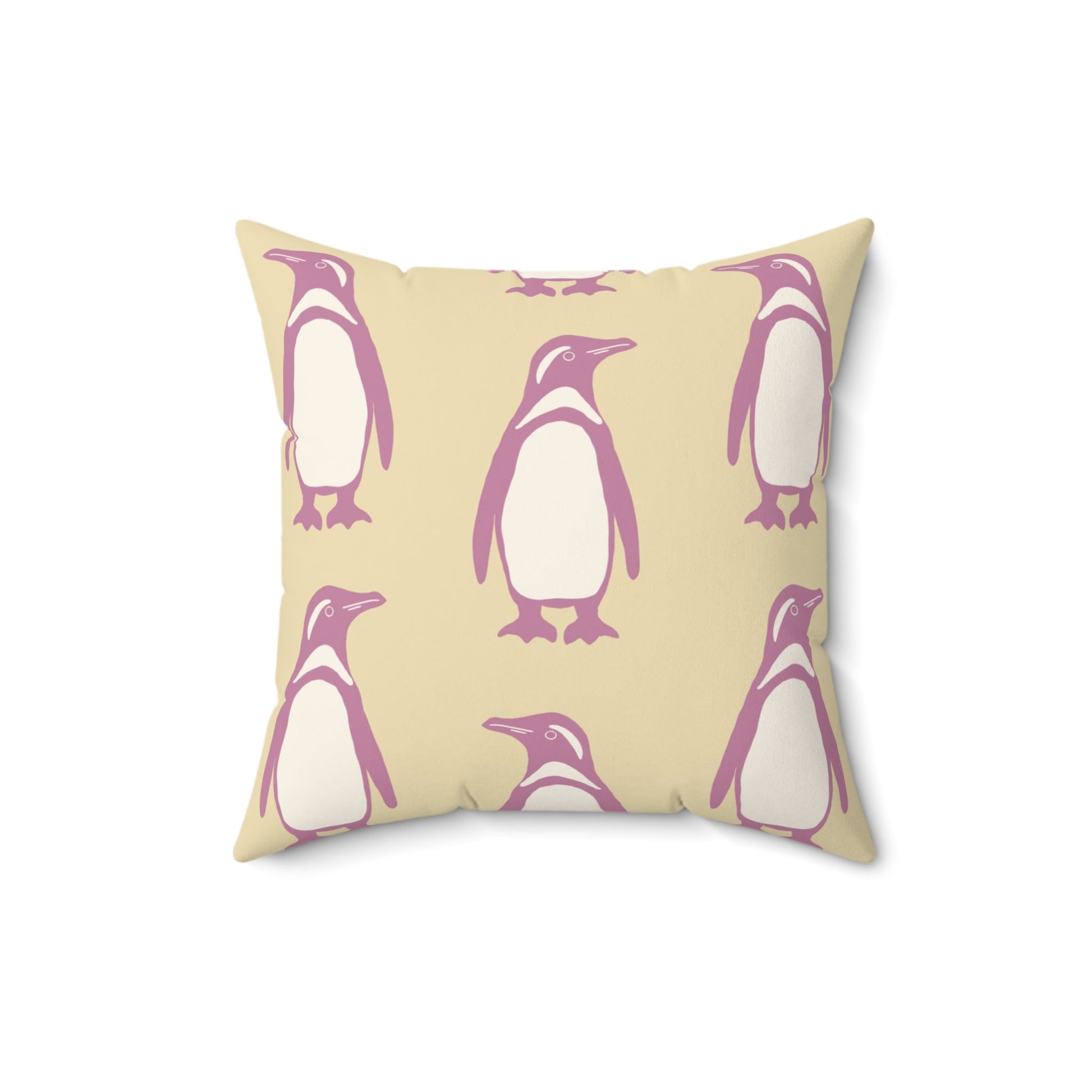 Penguin Bubblegum & Butter Faux Suede Pillow with hand - drawn artwork - Flourish Moon Studio