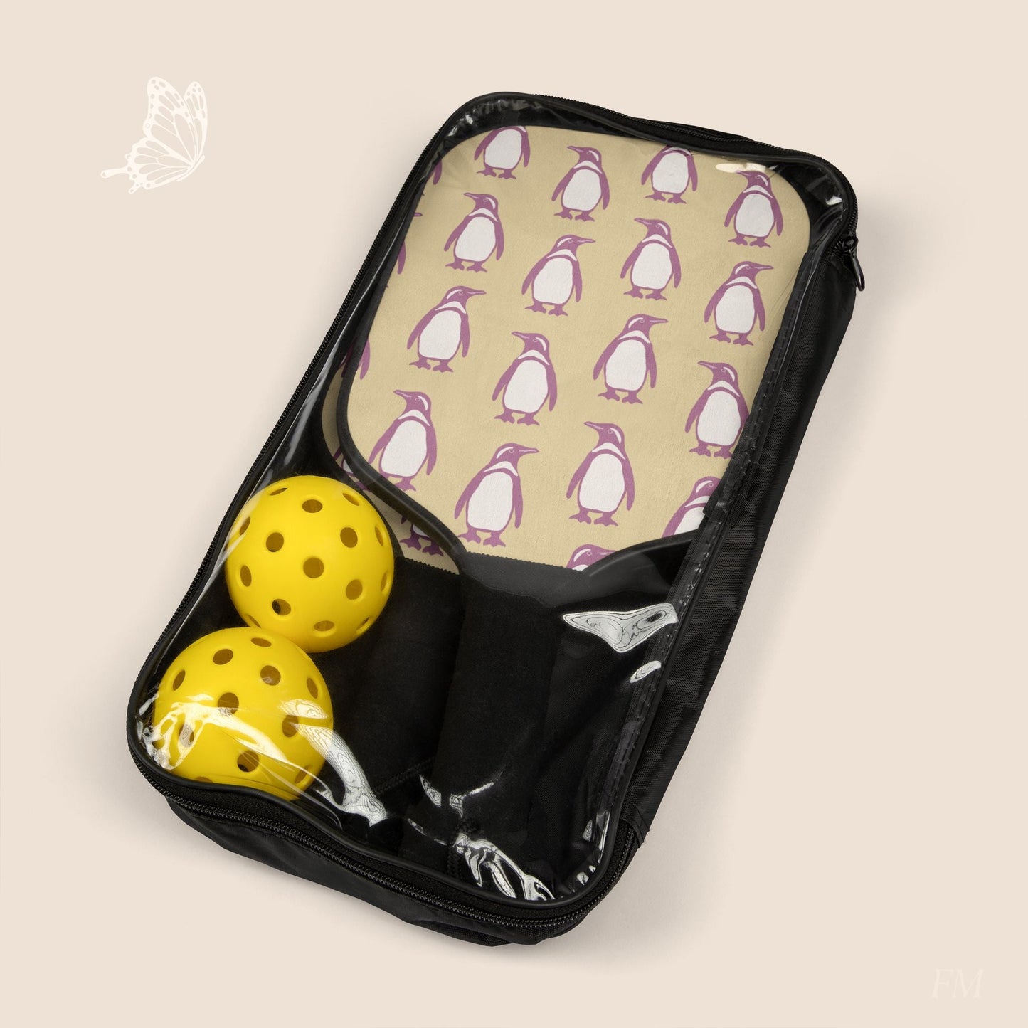 Penguin Bubblegum & Butter Pickleball Paddles Set with hand drawn artwork - Flourish Moon Studio