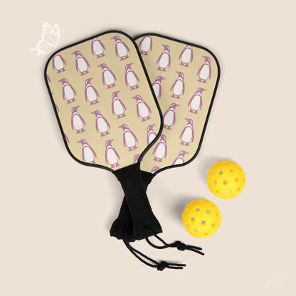 Penguin Bubblegum & Butter Pickleball Paddles Set with hand drawn artwork - Flourish Moon Studio