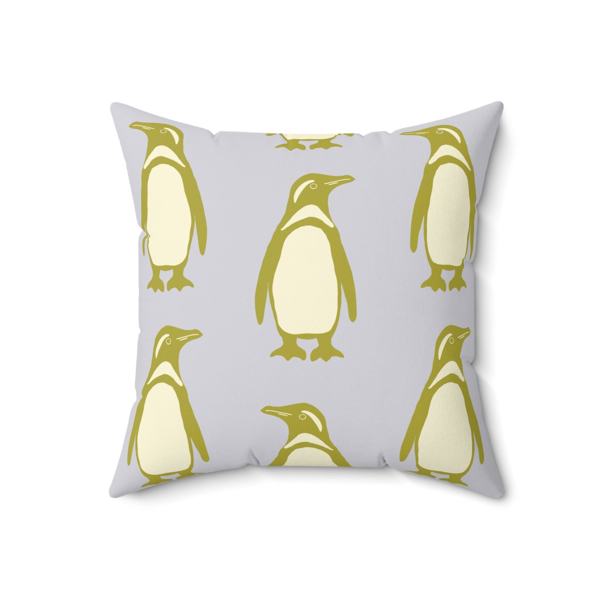 Penguin Olive - Gold Faux Suede Pillow with hand - drawn artwork - Flourish Moon Studio