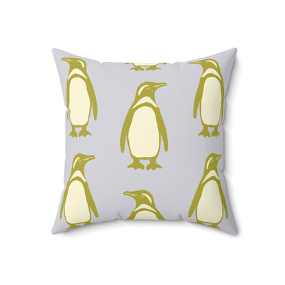 Penguin Olive - Gold Faux Suede Pillow with hand - drawn artwork - Flourish Moon Studio