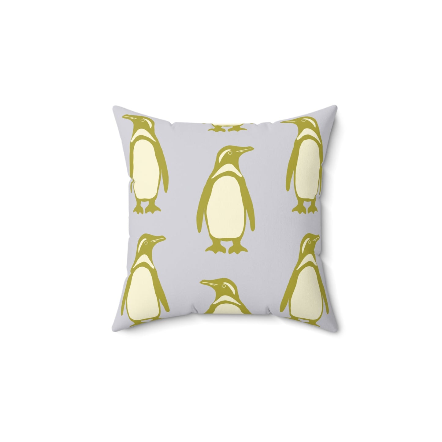 Penguin Olive - Gold Faux Suede Pillow with hand - drawn artwork - Flourish Moon Studio