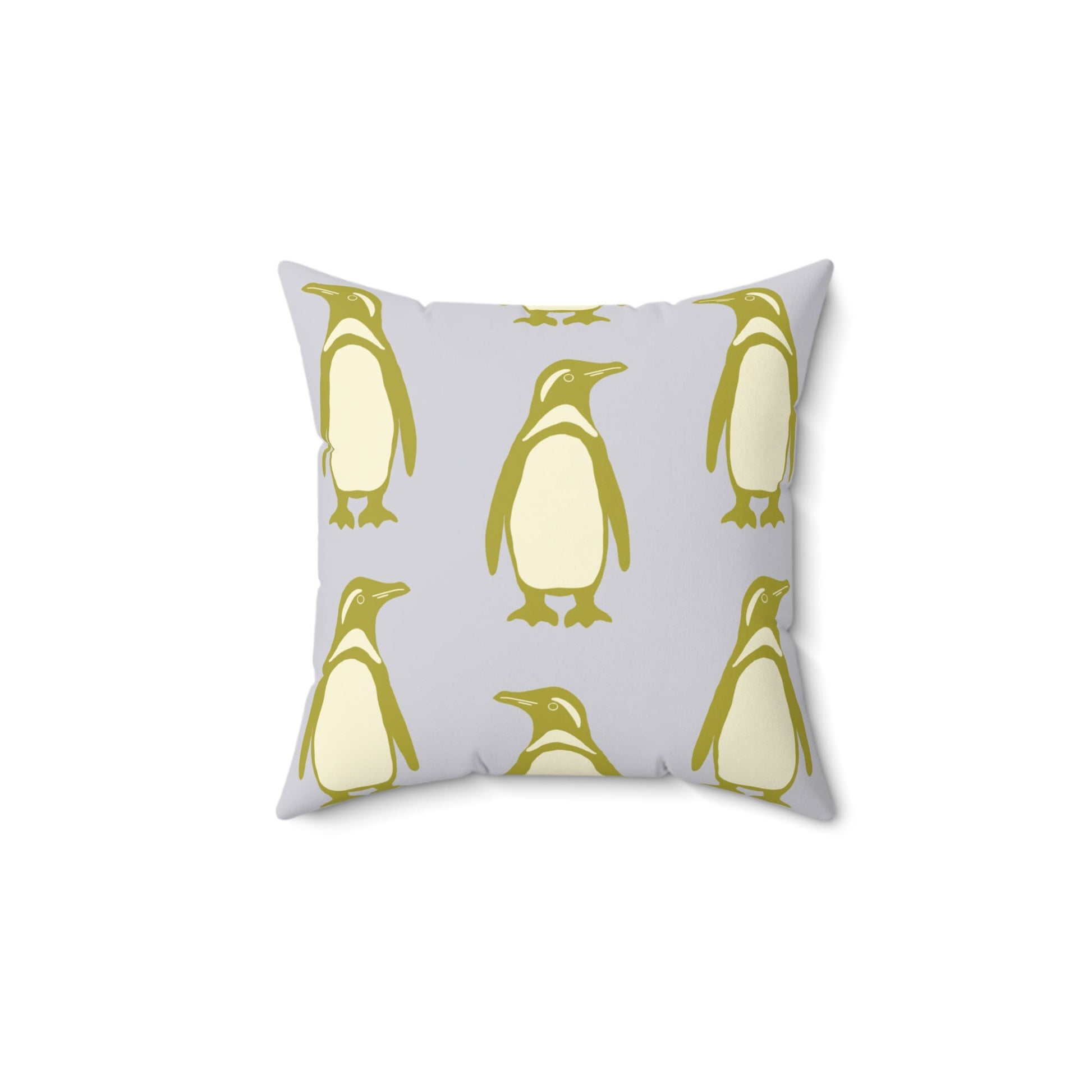 Penguin Olive - Gold Faux Suede Pillow with hand - drawn artwork - Flourish Moon Studio