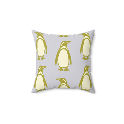 Penguin Olive - Gold Faux Suede Pillow with hand - drawn artwork - Flourish Moon Studio