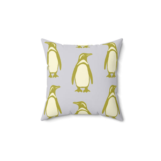 Penguin Olive - Gold Faux Suede Pillow with hand - drawn artwork - Flourish Moon Studio