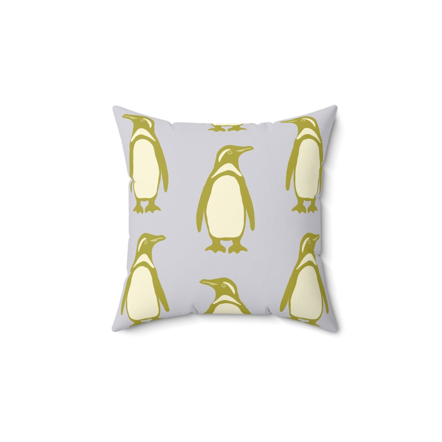 Penguin Olive - Gold Faux Suede Pillow with hand - drawn artwork - Flourish Moon Studio