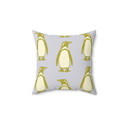 Penguin Olive - Gold Faux Suede Pillow with hand - drawn artwork - Flourish Moon Studio