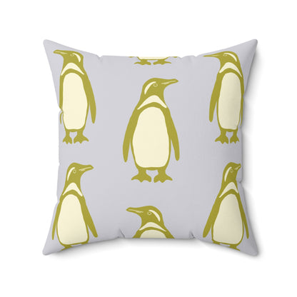 Penguin Olive - Gold Faux Suede Pillow with hand - drawn artwork - Flourish Moon Studio
