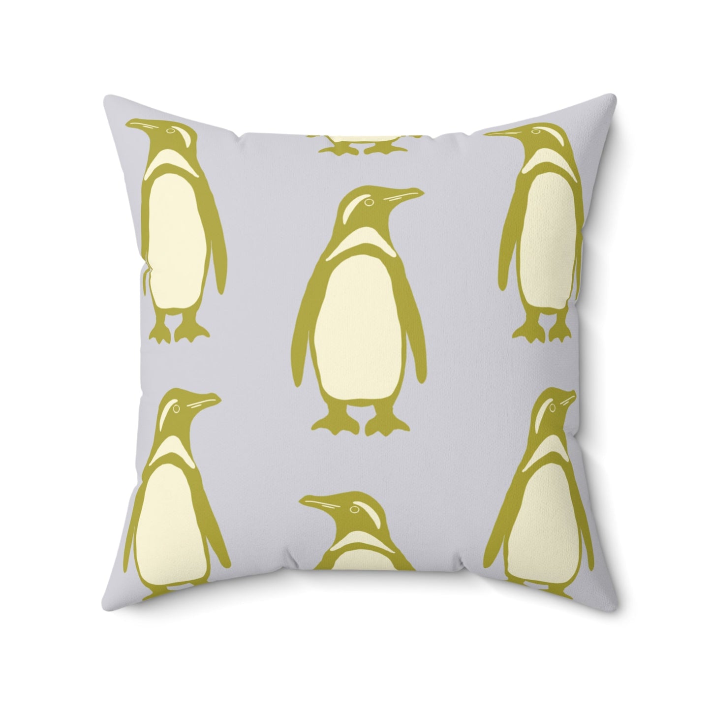 Penguin Olive - Gold Faux Suede Pillow with hand - drawn artwork - Flourish Moon Studio
