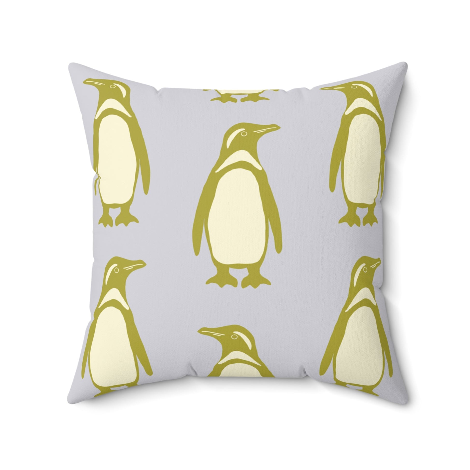 Penguin Olive - Gold Faux Suede Pillow with hand - drawn artwork - Flourish Moon Studio