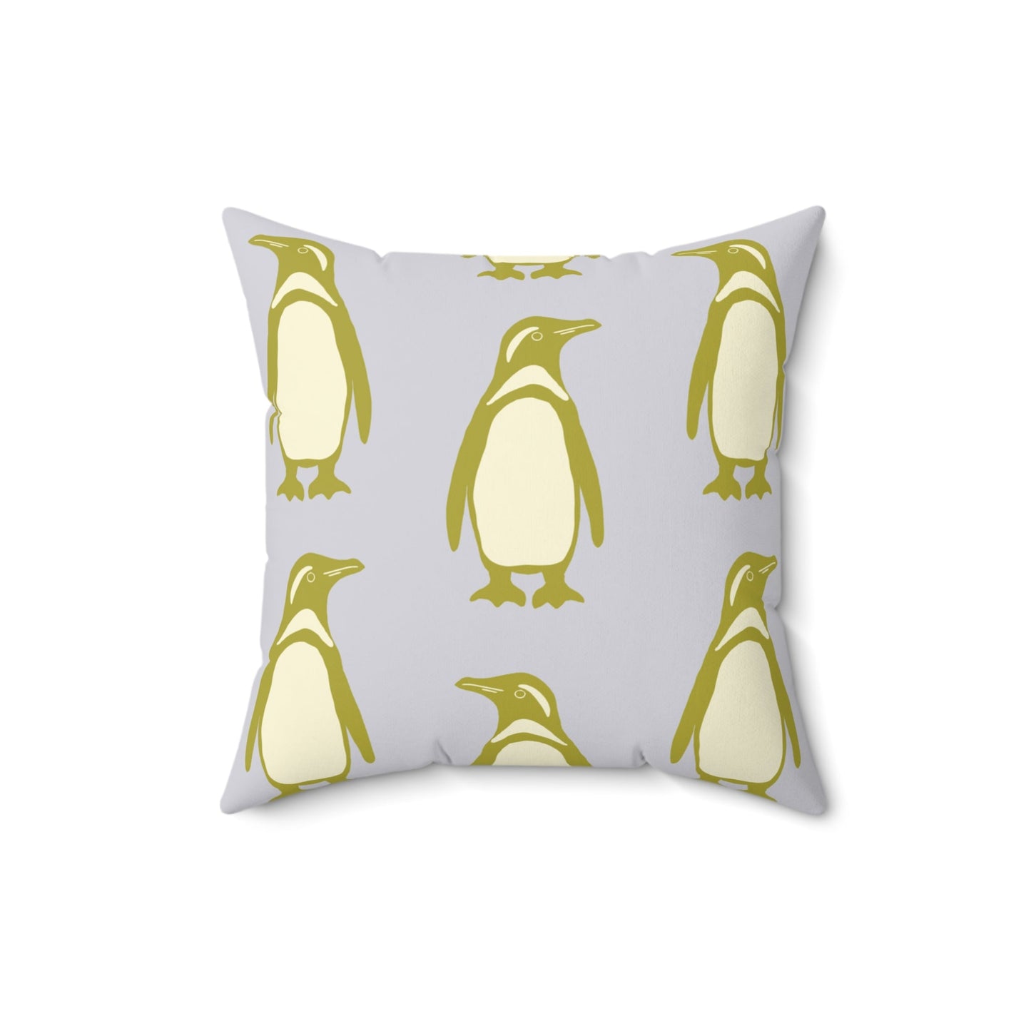 Penguin Olive - Gold Faux Suede Pillow with hand - drawn artwork - Flourish Moon Studio