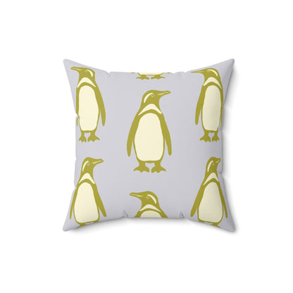 Penguin Olive - Gold Faux Suede Pillow with hand - drawn artwork - Flourish Moon Studio