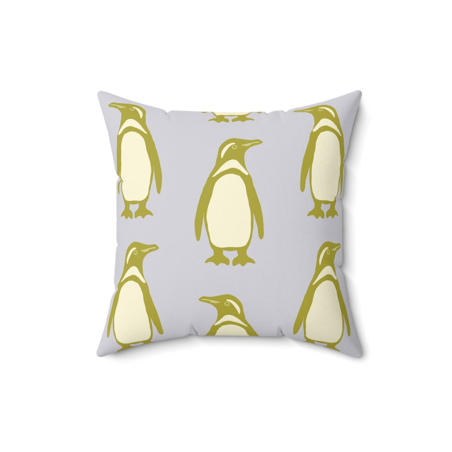Penguin Olive - Gold Faux Suede Pillow with hand - drawn artwork - Flourish Moon Studio
