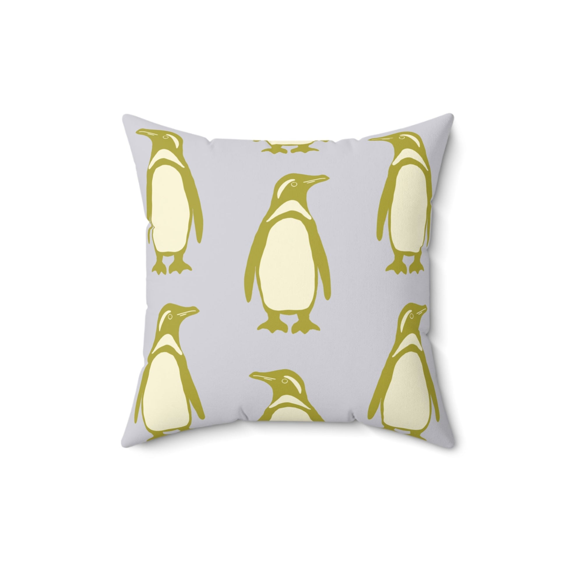 Penguin Olive - Gold Faux Suede Pillow with hand - drawn artwork - Flourish Moon Studio