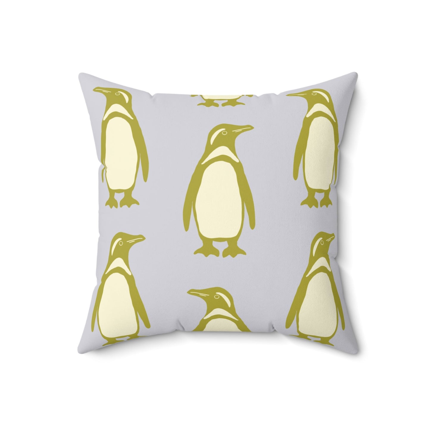 Penguin Olive - Gold Faux Suede Pillow with hand - drawn artwork - Flourish Moon Studio