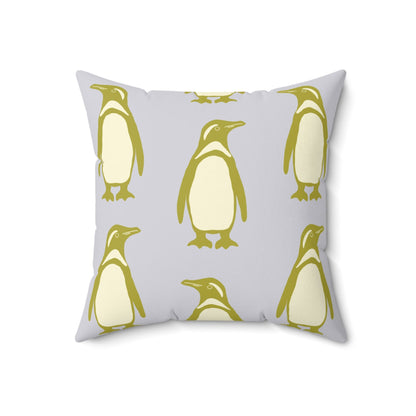 Penguin Olive - Gold Faux Suede Pillow with hand - drawn artwork - Flourish Moon Studio