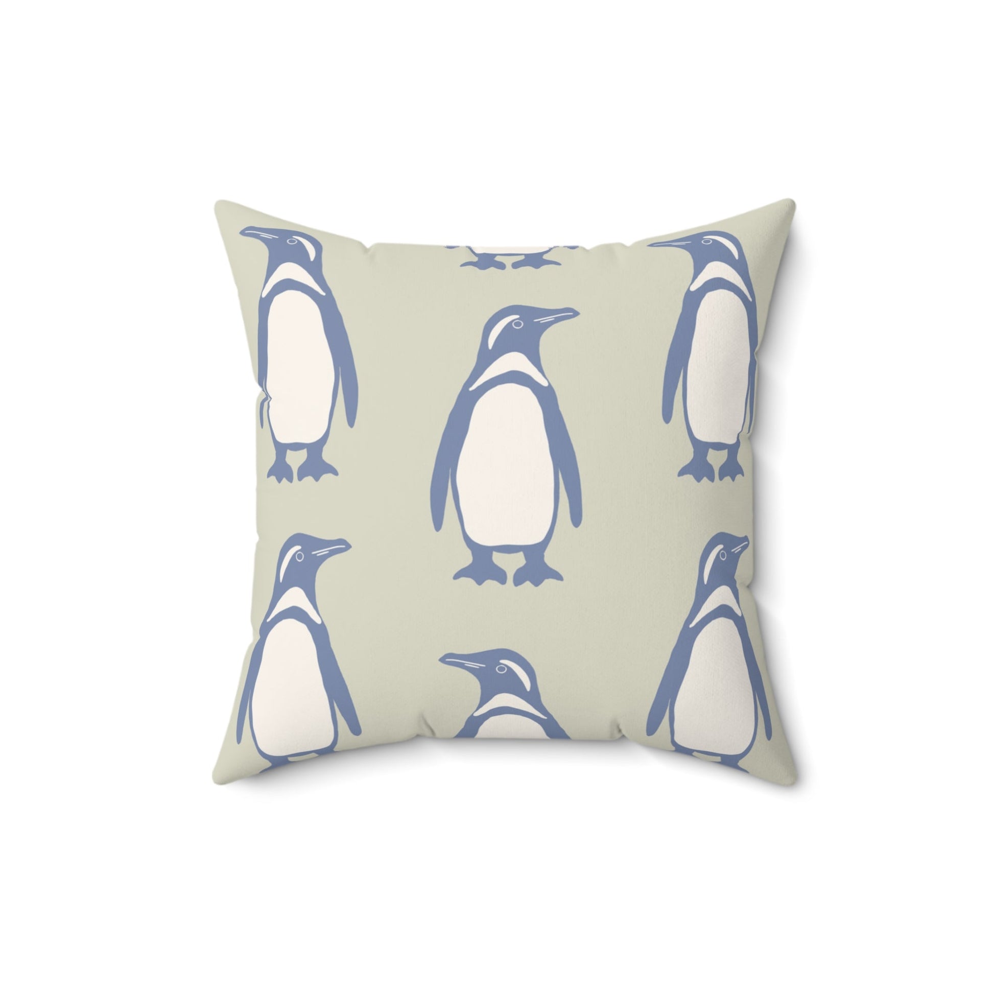 Penguin Periwinkle Faux Suede Pillow with hand - drawn artwork - Flourish Moon Studio
