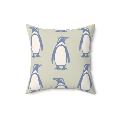 Penguin Periwinkle Faux Suede Pillow with hand - drawn artwork - Flourish Moon Studio