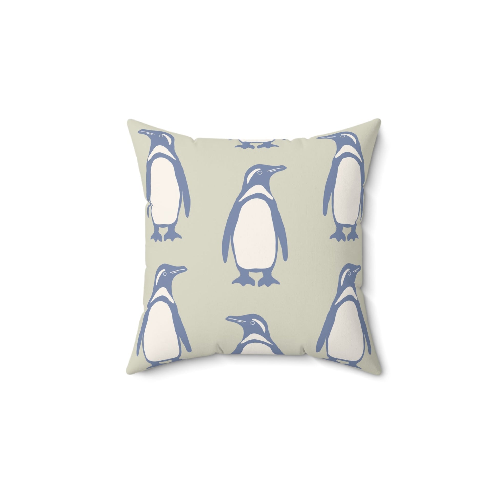 Penguin Periwinkle Faux Suede Pillow with hand - drawn artwork - Flourish Moon Studio
