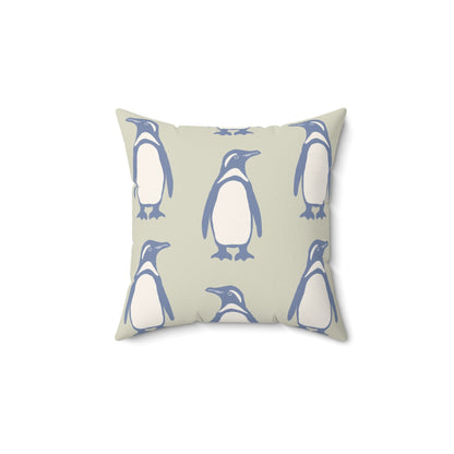 Penguin Periwinkle Faux Suede Pillow with hand - drawn artwork - Flourish Moon Studio