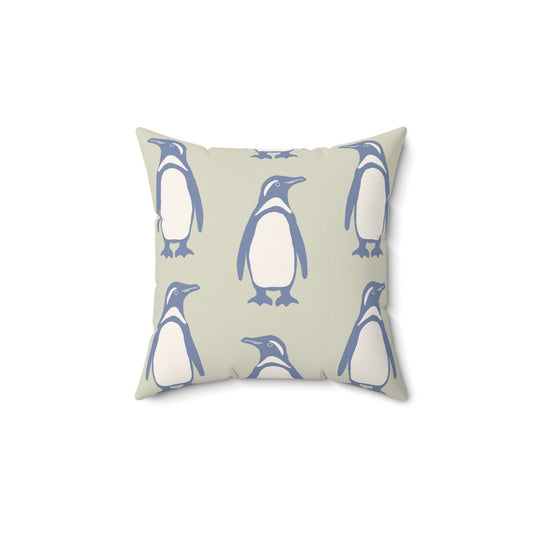 Penguin Periwinkle Faux Suede Pillow with hand - drawn artwork - Flourish Moon Studio