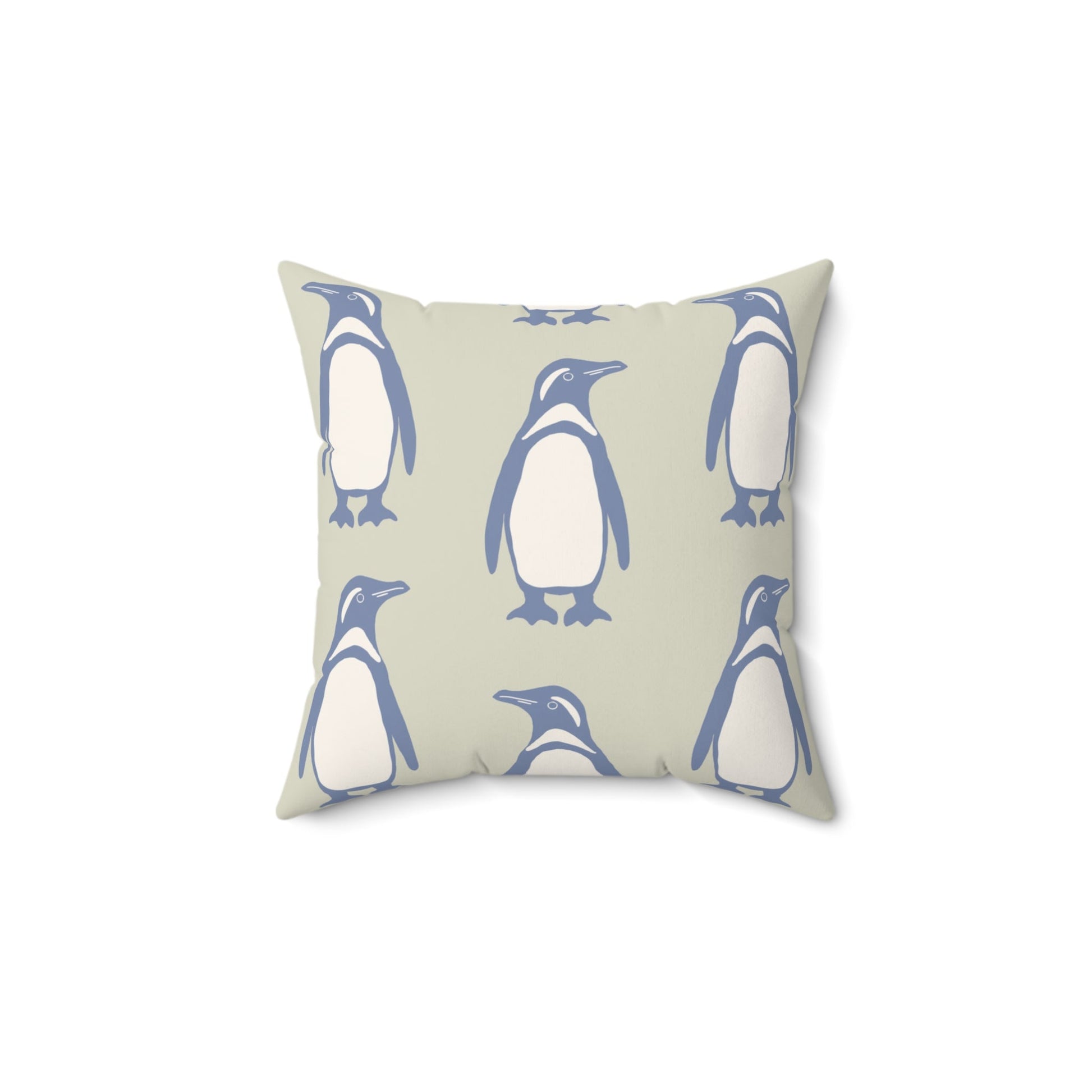 Penguin Periwinkle Faux Suede Pillow with hand - drawn artwork - Flourish Moon Studio