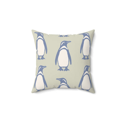 Penguin Periwinkle Faux Suede Pillow with hand - drawn artwork - Flourish Moon Studio