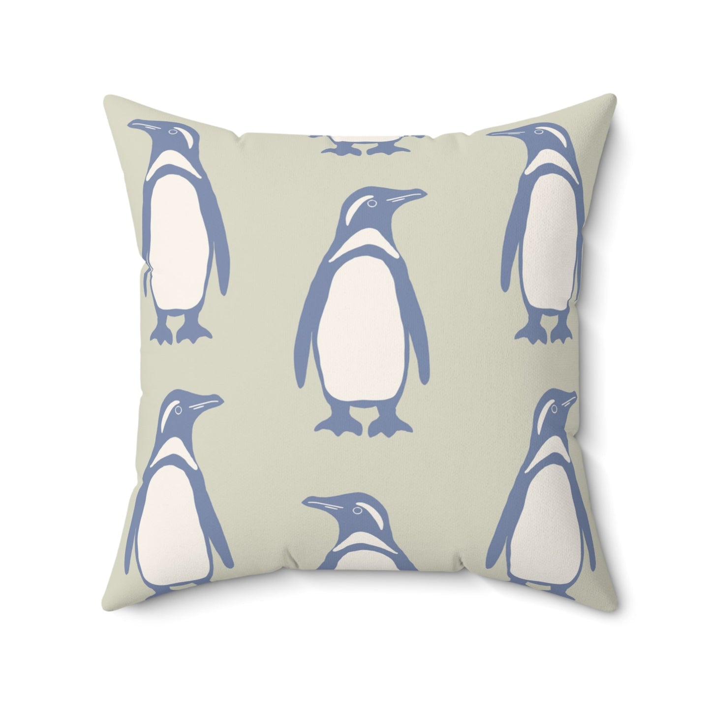 Penguin Periwinkle Faux Suede Pillow with hand - drawn artwork - Flourish Moon Studio