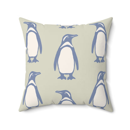 Penguin Periwinkle Faux Suede Pillow with hand - drawn artwork - Flourish Moon Studio