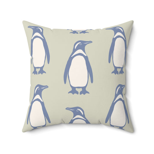 Penguin Periwinkle Faux Suede Pillow with hand - drawn artwork - Flourish Moon Studio