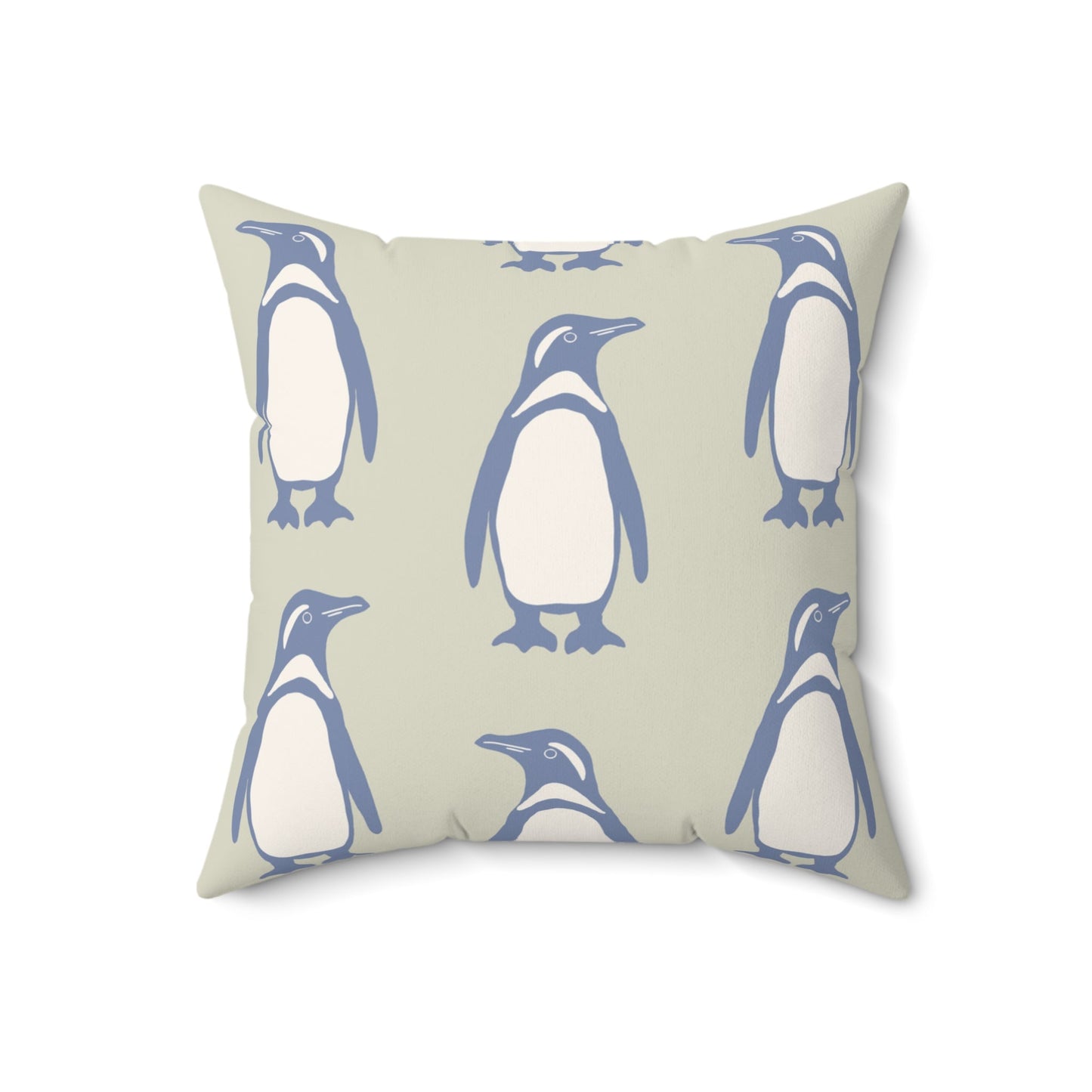 Penguin Periwinkle Faux Suede Pillow with hand - drawn artwork - Flourish Moon Studio