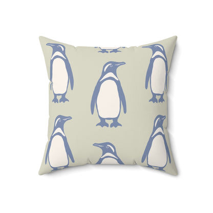 Penguin Periwinkle Faux Suede Pillow with hand - drawn artwork - Flourish Moon Studio