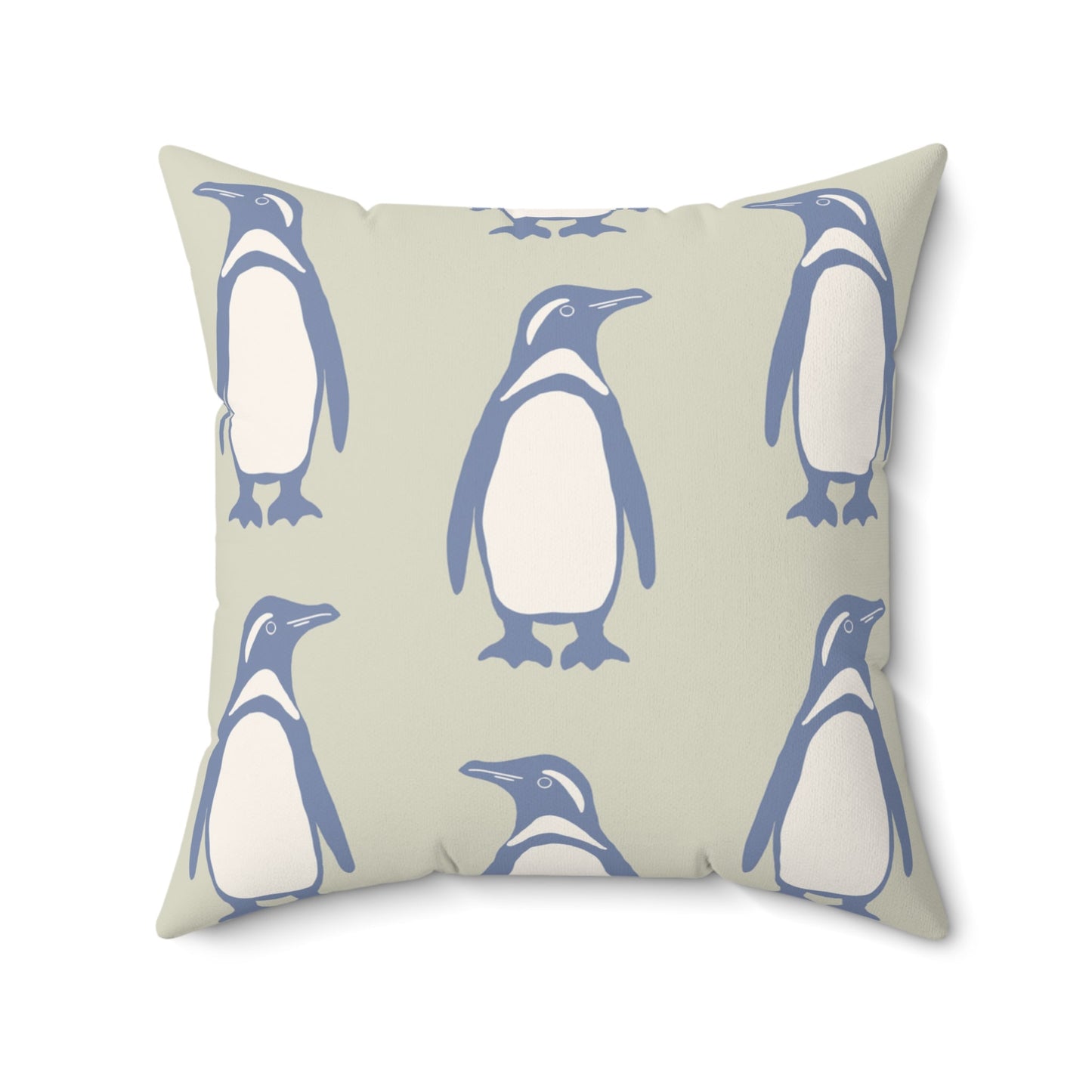 Penguin Periwinkle Faux Suede Pillow with hand - drawn artwork - Flourish Moon Studio