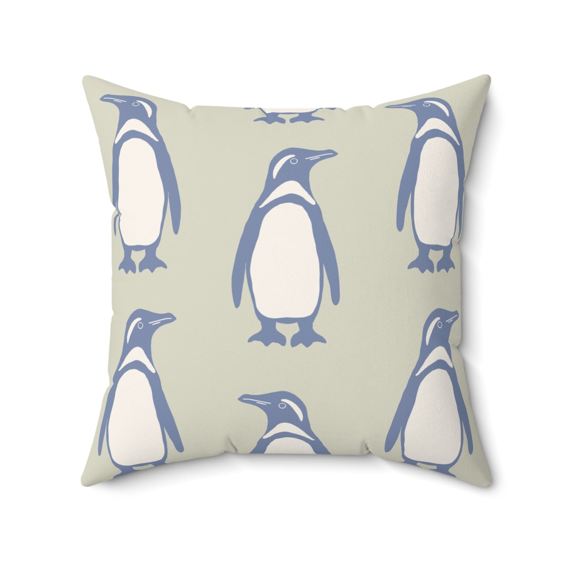 Penguin Periwinkle Faux Suede Pillow with hand - drawn artwork - Flourish Moon Studio