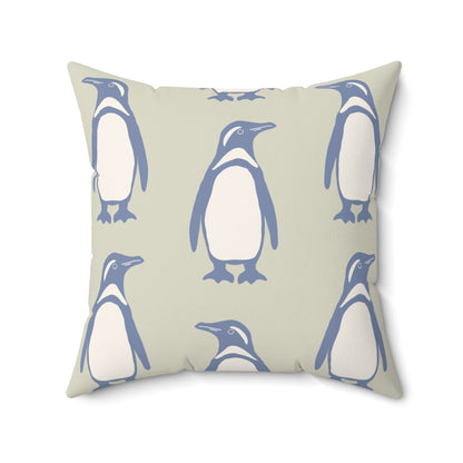 Penguin Periwinkle Faux Suede Pillow with hand - drawn artwork - Flourish Moon Studio