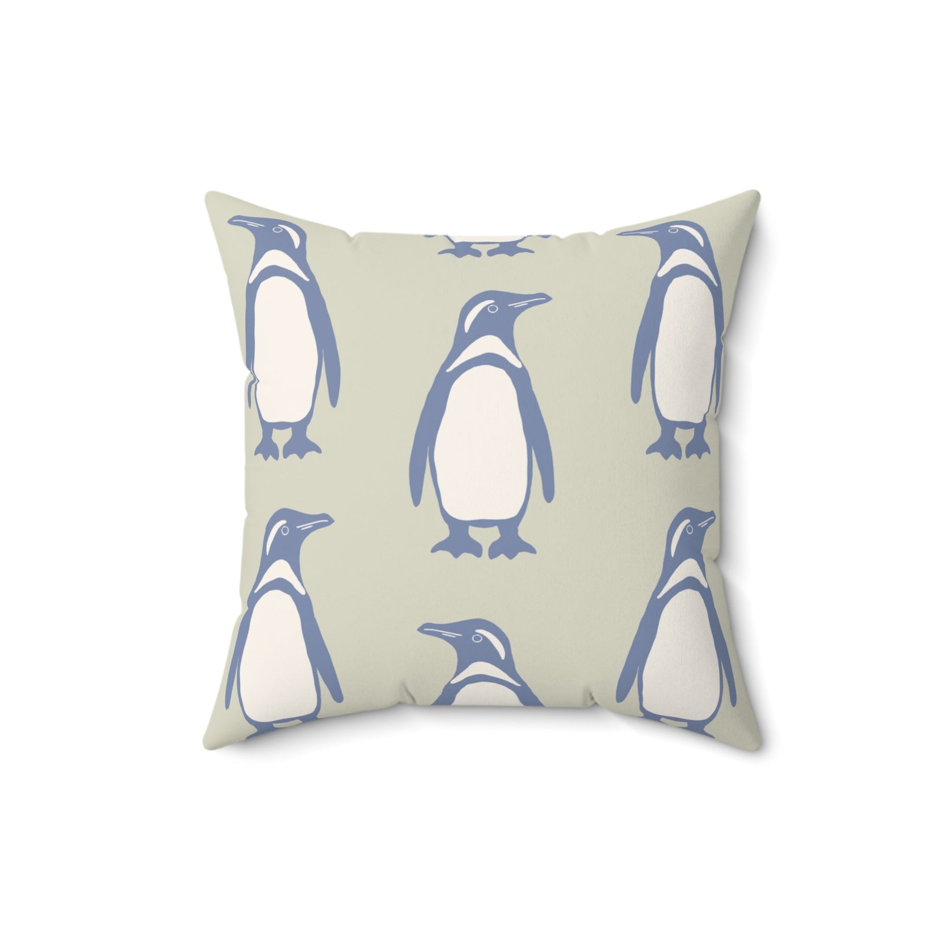 Penguin Periwinkle Faux Suede Pillow with hand - drawn artwork - Flourish Moon Studio